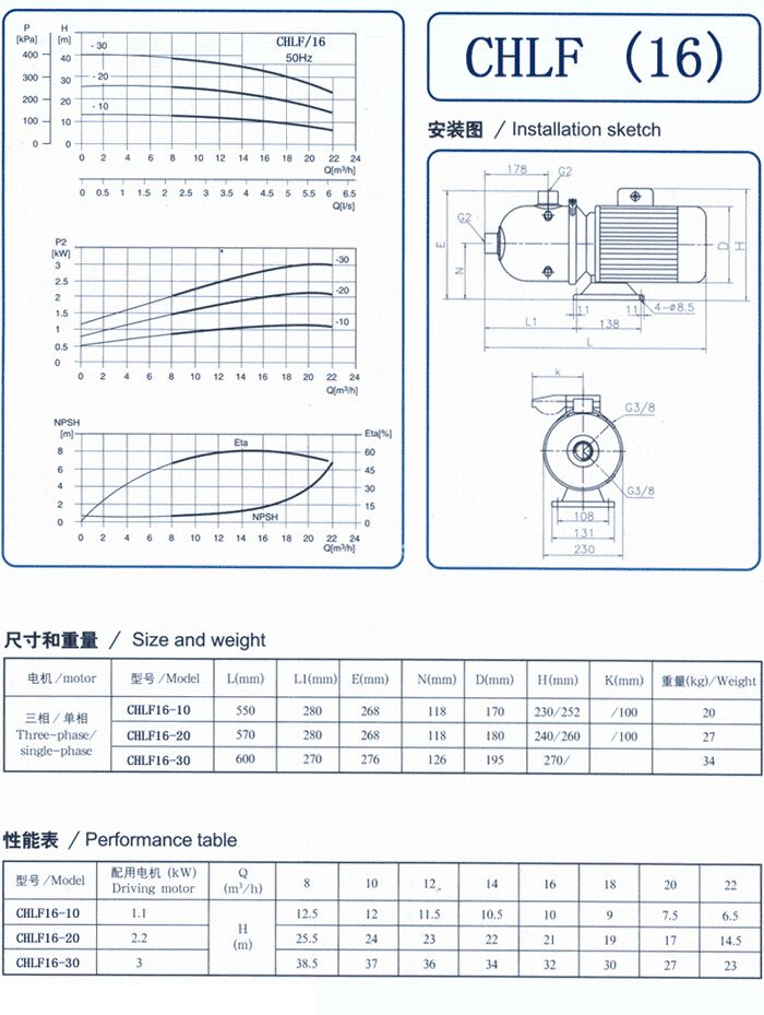 CHLF輕型立式不銹鋼多級離心泵安裝圖、尺寸、性能