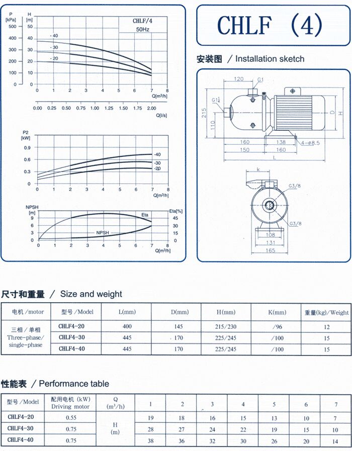 CHLF輕型立式不銹鋼多級離心泵安裝圖、尺寸、性能