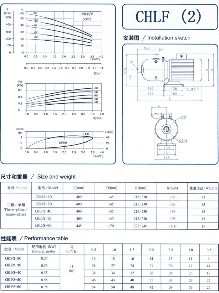 CHLF輕型立式不銹鋼多級離心泵安裝圖、尺寸、性能